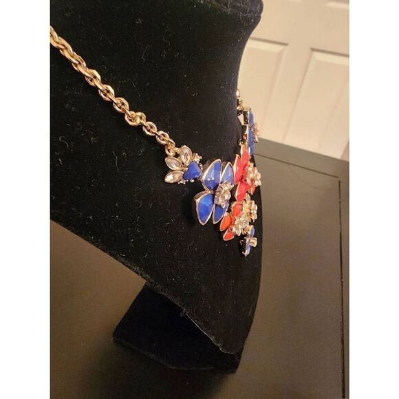The limited NWT statement floral necklace blue and tangerine  gold tone - Picture 2 of 6